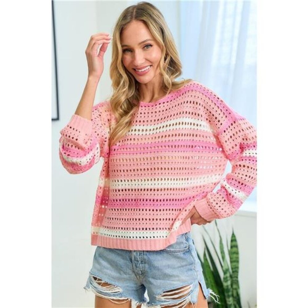 First Love‎ Striped Long Sleeve Openwork Knit Top